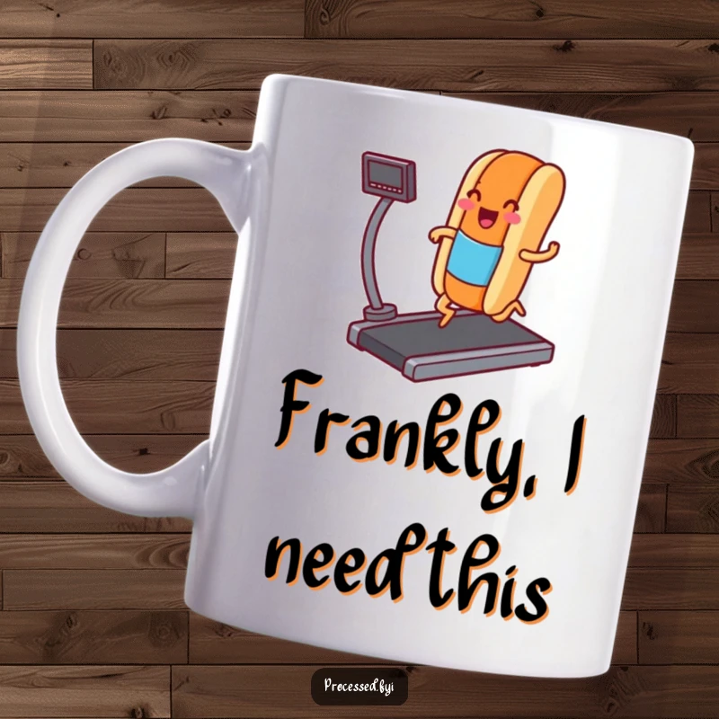 Funny mug with a smiling hot dog character on a treadmill, jogging with determination and joy, a hilarious fitness-themed gift.