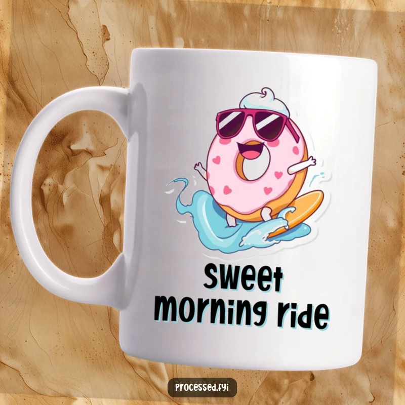 Funny mug with a cartoon donut wearing sunglasses, surfing a wave of frosting, cool and joyful.