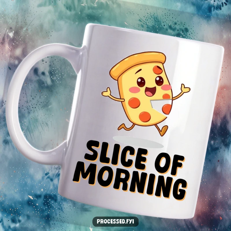 Funny Pizza Mug featuring an excited character with a missing piece, capturing the pure joy of pizza and humor.
