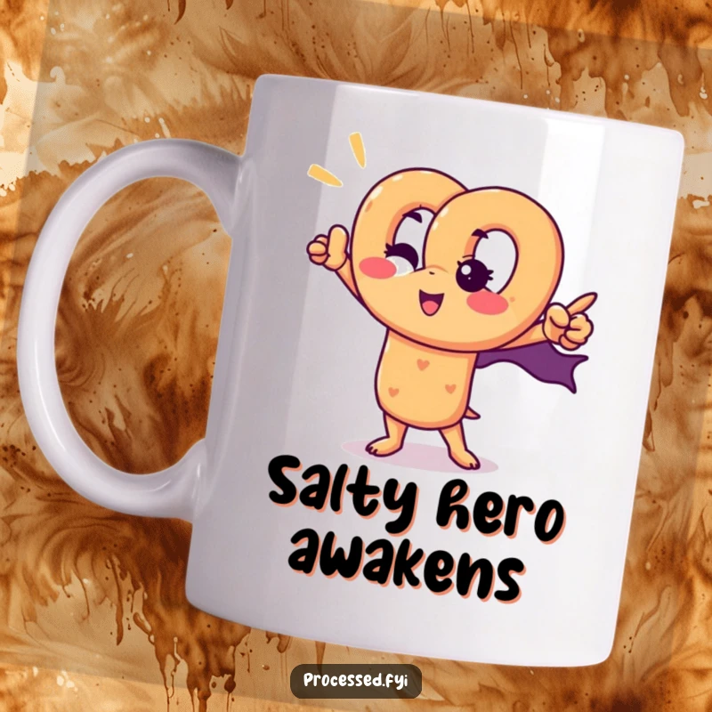Funny pretzel superhero mug with a charming, winking pretzel character striking a heroic pose, ready for action.