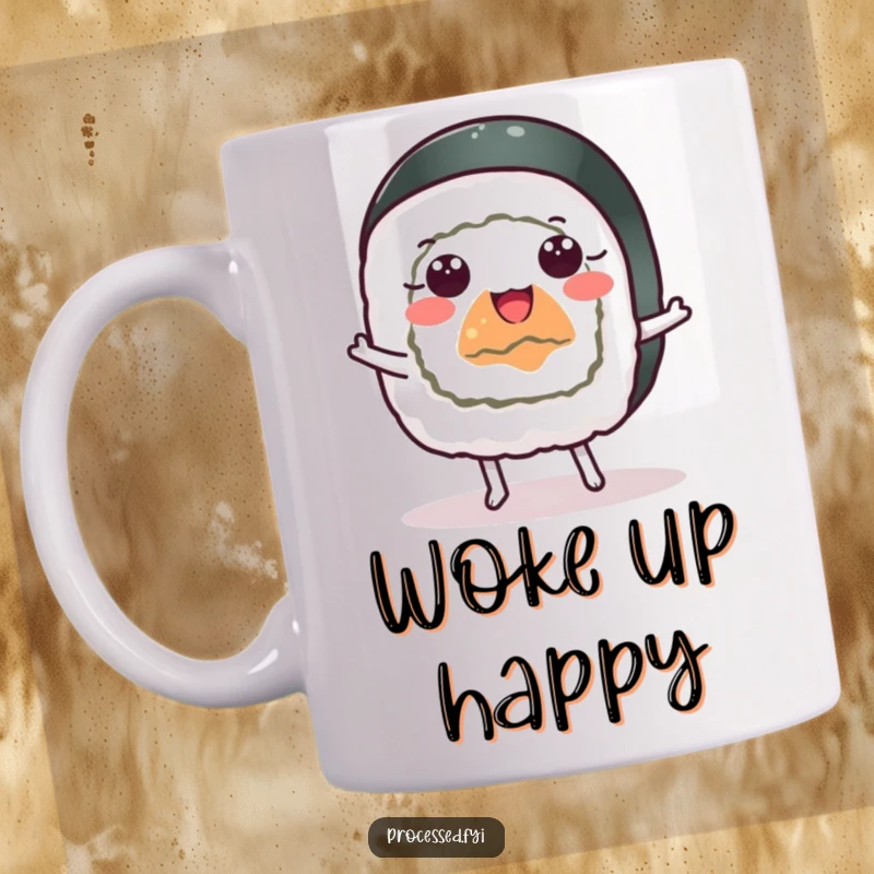 Funny cheerful sushi roll with wide eyes, doing a happy dance, a humorous and delightful mug.
