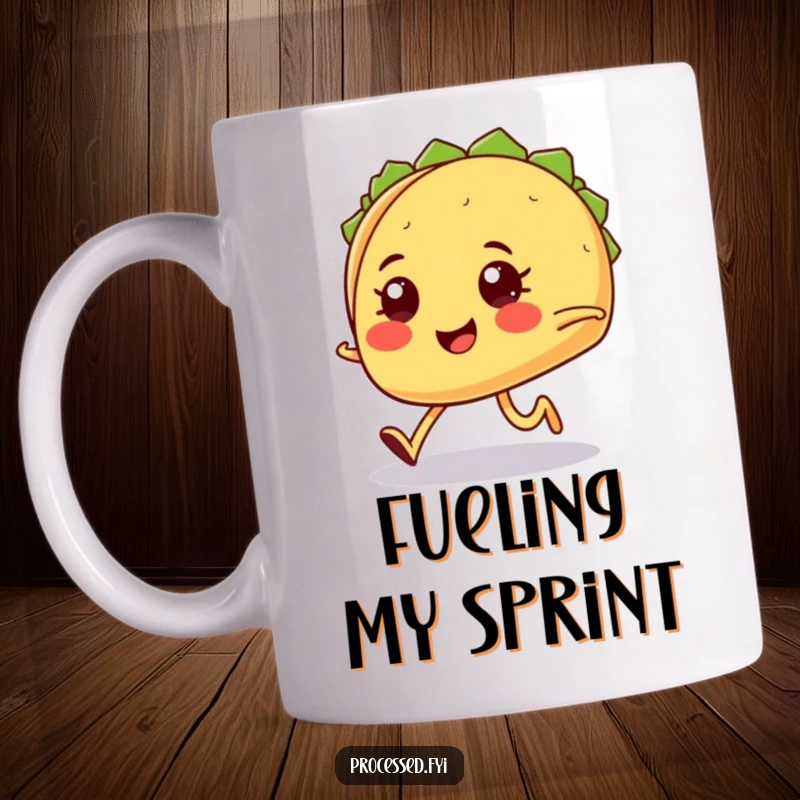 Funny smiling taco with tiny legs jogging determinedly, a humorous and motivational mug for foodies.