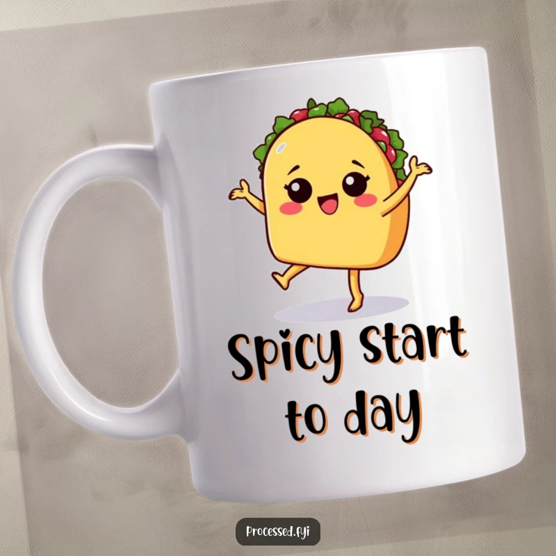 Funny mug featuring a sassy taco with legs doing a playful salsa dance, full of zest and flavor.