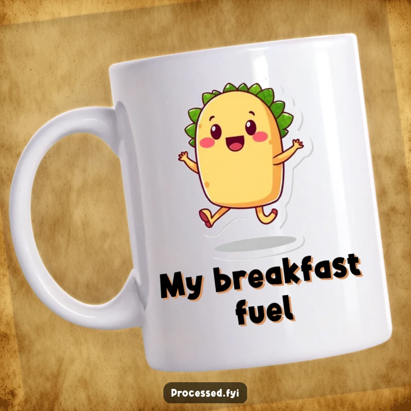 Funny taco mug, a smiling anthropomorphic food character with legs, joyfully skipping.