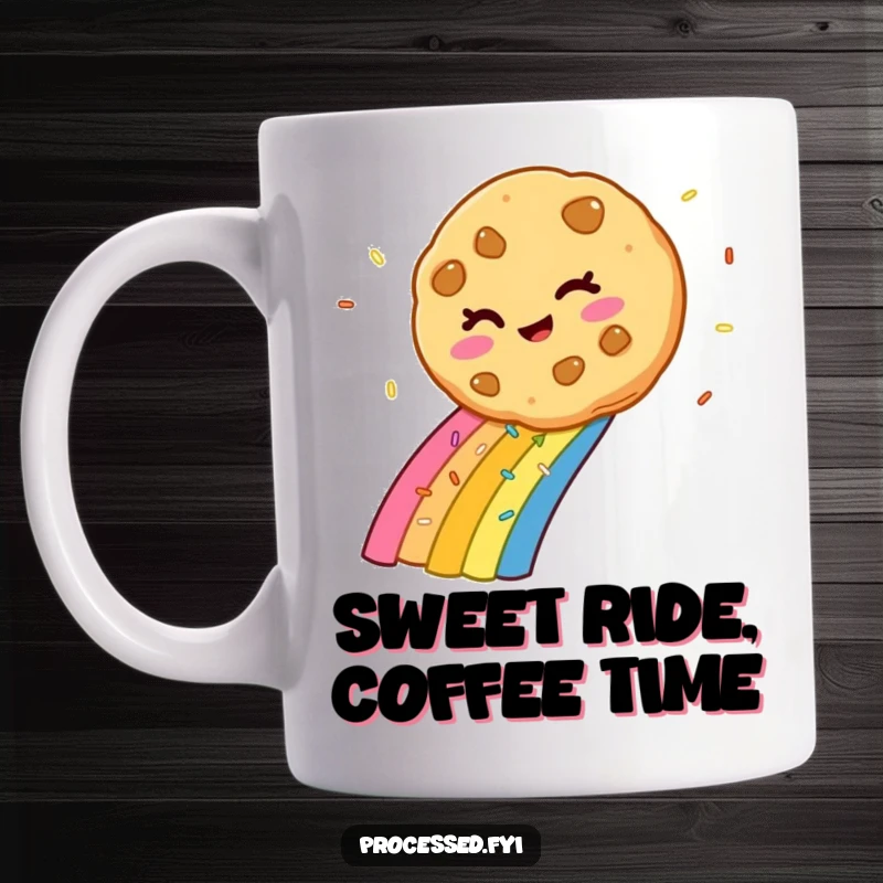 Funny cookie mug winking mischievously while sliding down a vibrant rainbow made of colorful sprinkles, bringing joy and laughter.
