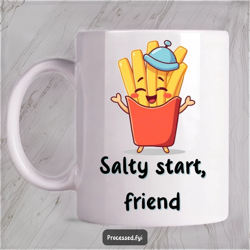 Funny winking french fry character in a tiny hat giving a jaunty salute, a delightful mug for food lovers.
