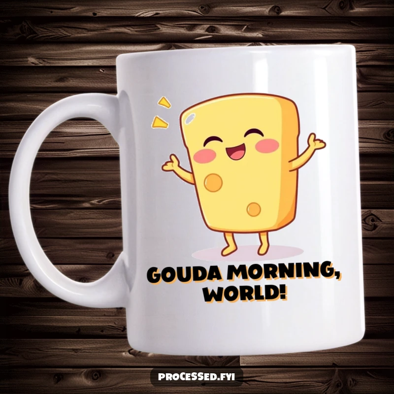 Funny mug featuring a giggling anthropomorphic piece of cheese performing a silly, joyful dance, radiating pure happiness.