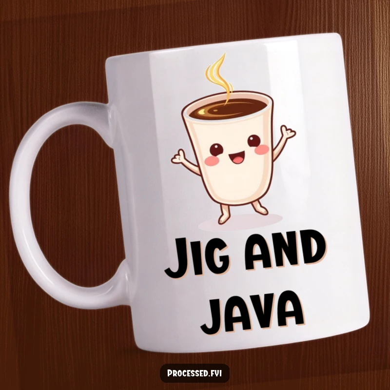 Funny cheerful coffee cup performing a lively jig, radiating energy and joy on a humorous mug.