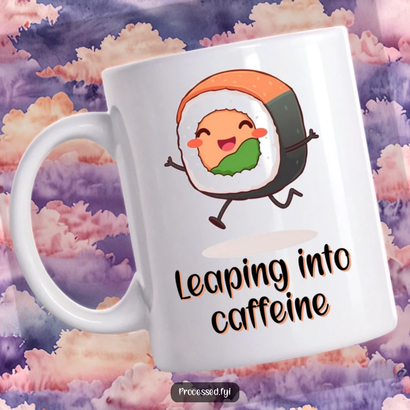 Funny sushi roll mug featuring a happy, anthropomorphic sushi roll with stick legs joyfully leaping, bringing fun to any kitchen.