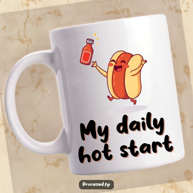 Funny hot dog in a bun mug, happily dancing and tossing a tiny ketchup bottle, perfect for foodie humor.