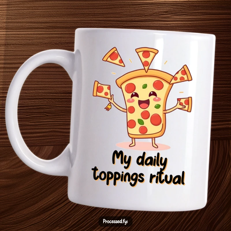 Funny Pizza Slice Mug, joyfully juggling pepperoni mid-air, showcasing a vibrant and humorous food art design for ultimate laughter.