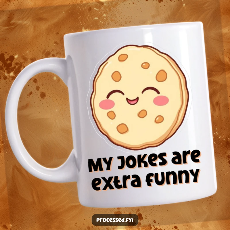 Funny mug showing an anthropomorphic cookie with eyes closed, laughing heartily with pure joy. Perfect gift for humor lovers.
