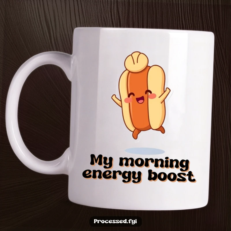 Funny hot dog mug with tiny legs leaping joyfully, a small bun balanced on its head, capturing pure delight.