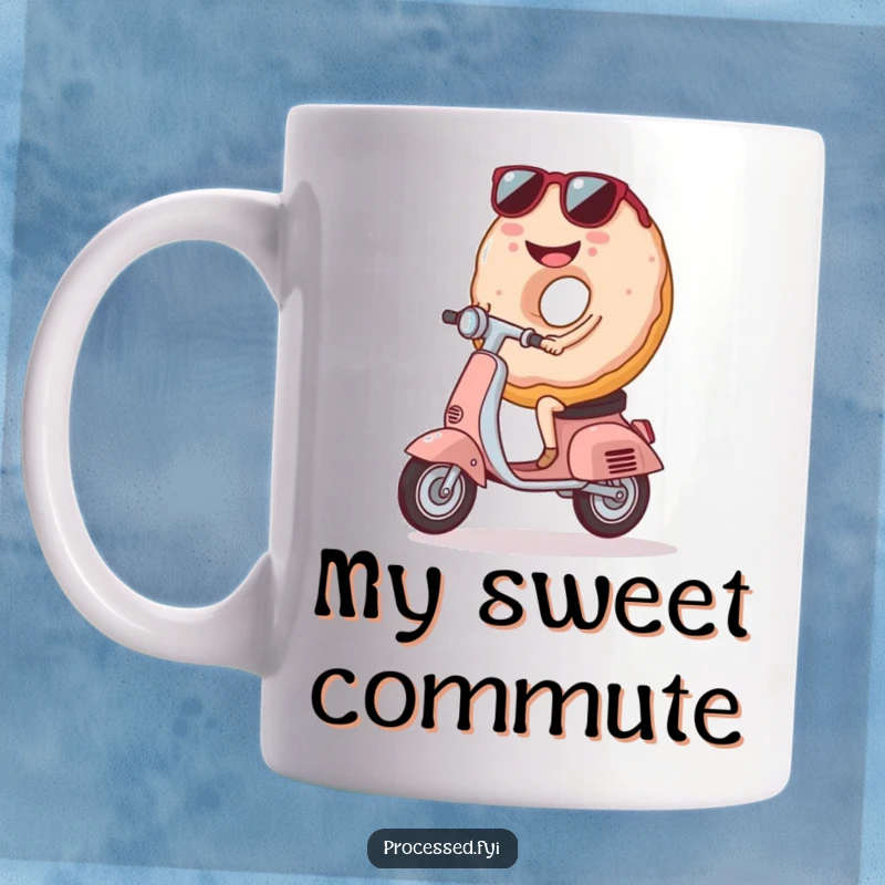 Funny Smiling Donut Mug, wearing sunglasses and riding a tiny scooter, exuding cool confidence and confectionery charm.