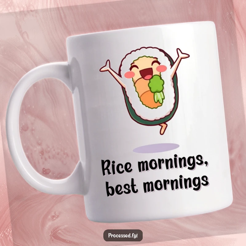Funny mug showcasing a delighted sushi roll character energetically doing cartwheels with pure glee and happiness.