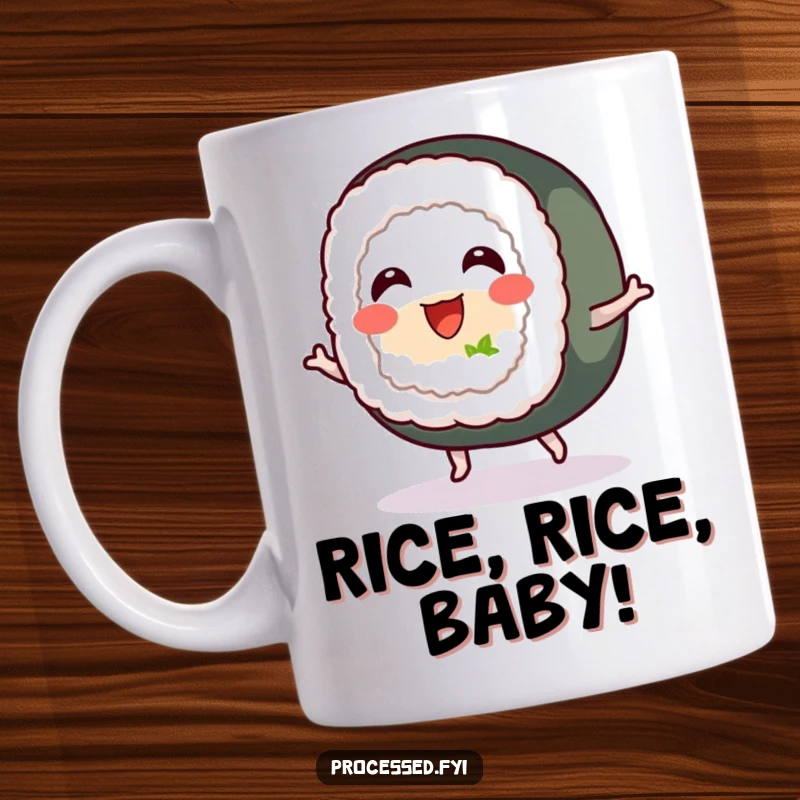 Funny ceramic mug featuring a cheerful sushi roll with tiny feet, bouncing happily with infectious energy, a delightful food-themed gift.