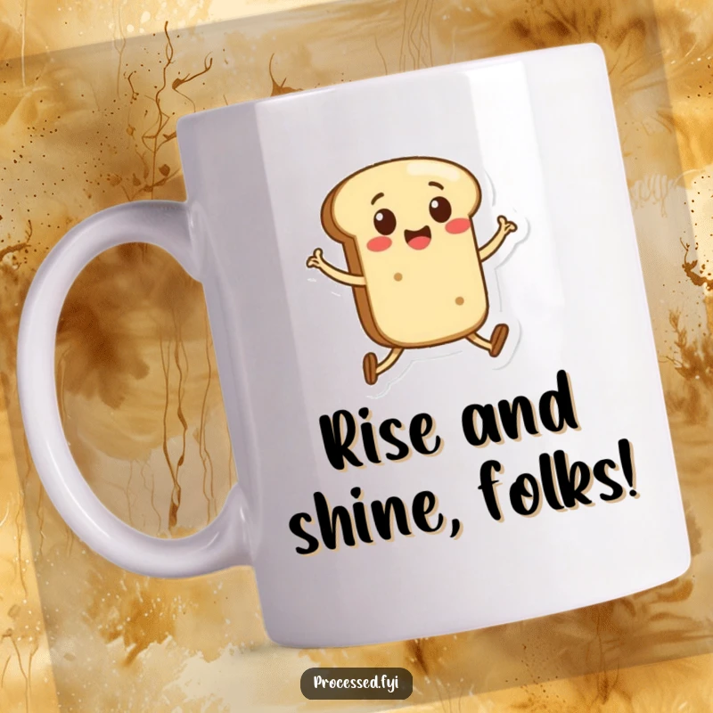 Funny mug featuring a cheerful anthropomorphic bread roll with legs joyfully skipping, spreading happiness with every glance.