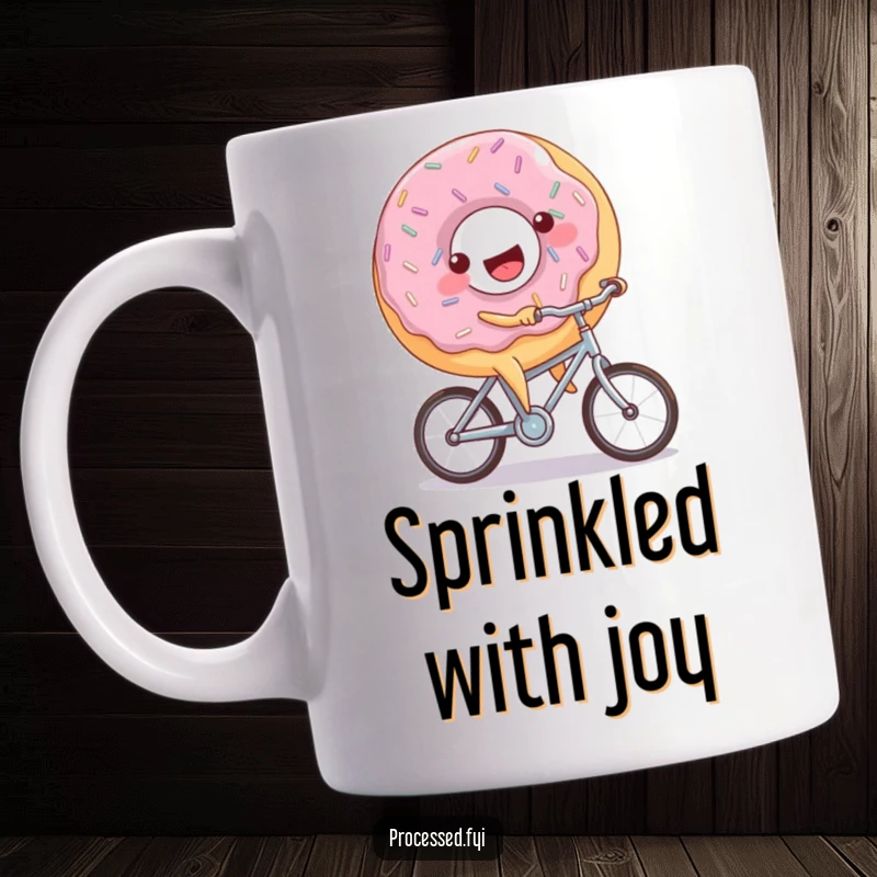 Funny donut bicycle mug featuring a joyful donut character with sprinkles happily riding a miniature bicycle, spreading cheer.
