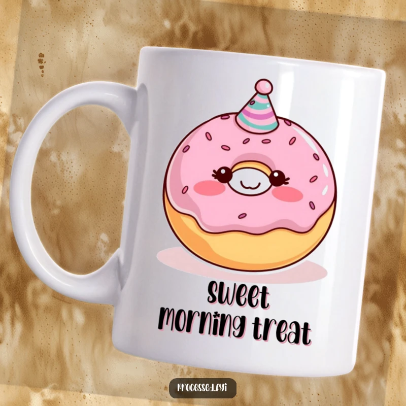 Funny Donut Mug featuring a blushing character in a party hat, bringing sweet humor and a celebratory vibe.