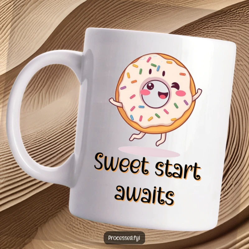 Funny donut mug, giddy pastry with sprinkles doing a cartwheel, embodying joy and sweet indulgence.