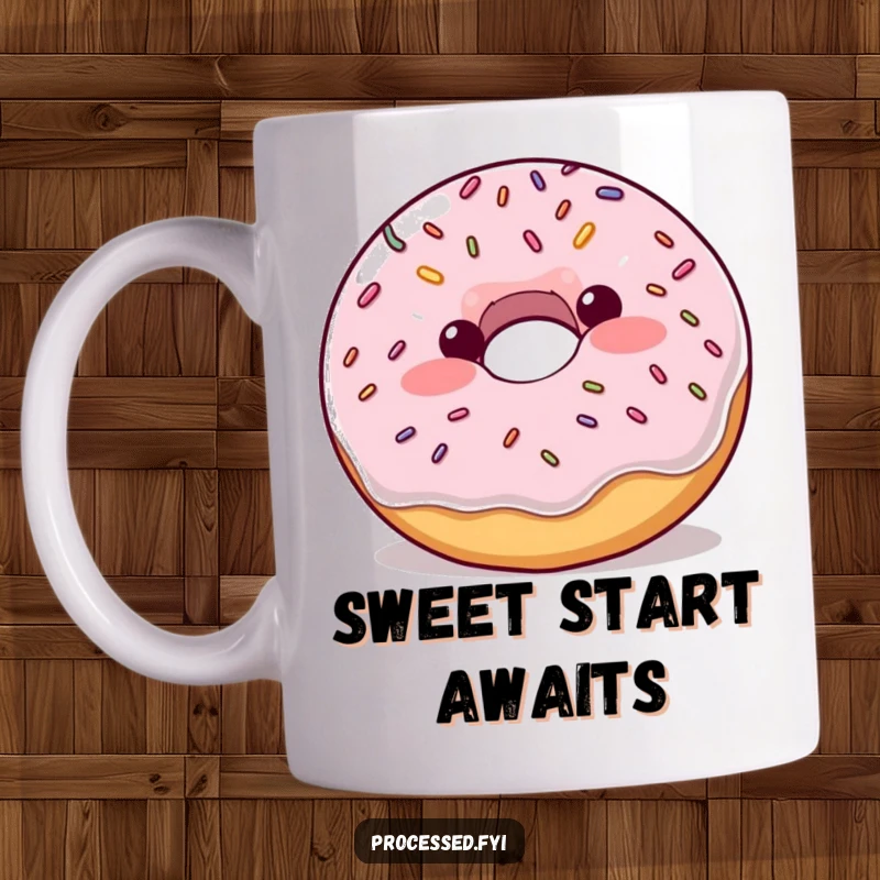 Funny plump donut with blush and sprinkles, bouncing enthusiastically, a humorous and sweet mug design.