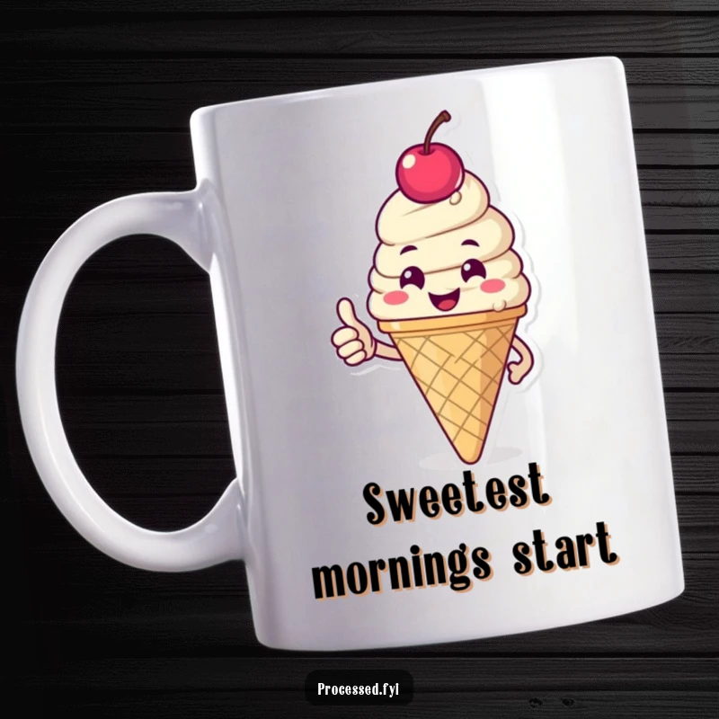 Funny mug featuring a happy ice cream cone character with a cherry on top, giving an enthusiastic thumbs-up, radiating pure joy and deliciousness.