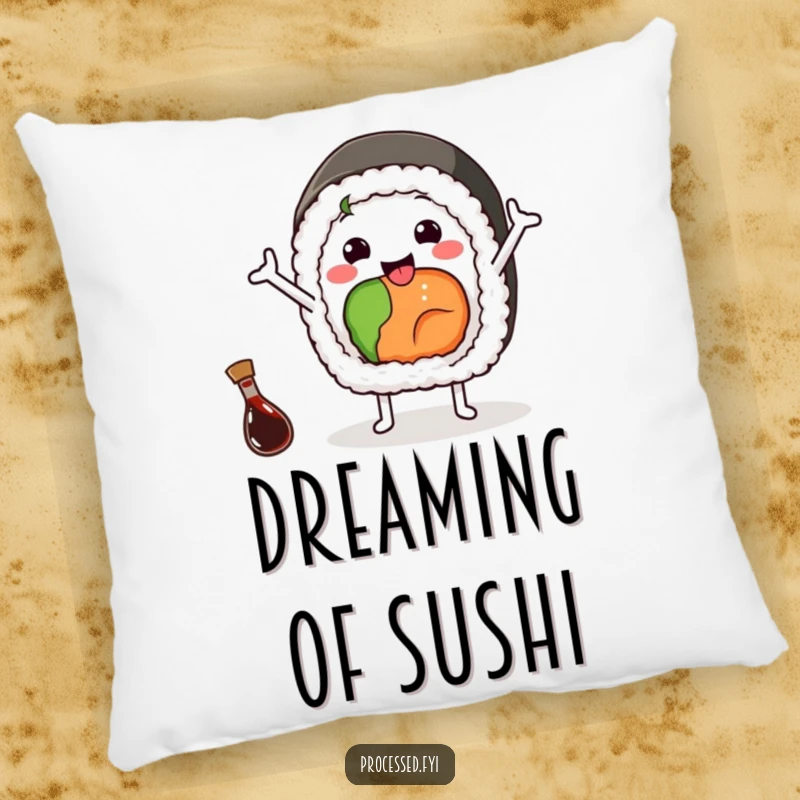 Funny pillow featuring a cheerful sushi roll waving with arms, a tiny soy sauce bottle nearby, soft and decorative