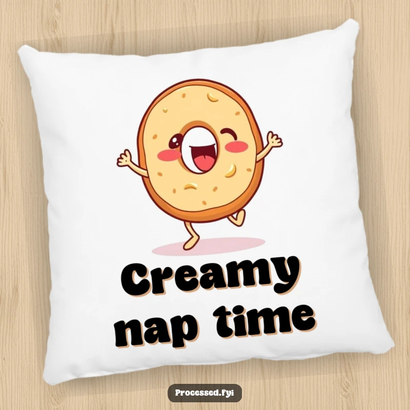 Funny pillow featuring an energetic bagel with cream cheese, enthusiastically tapping its feet, soft and decorative