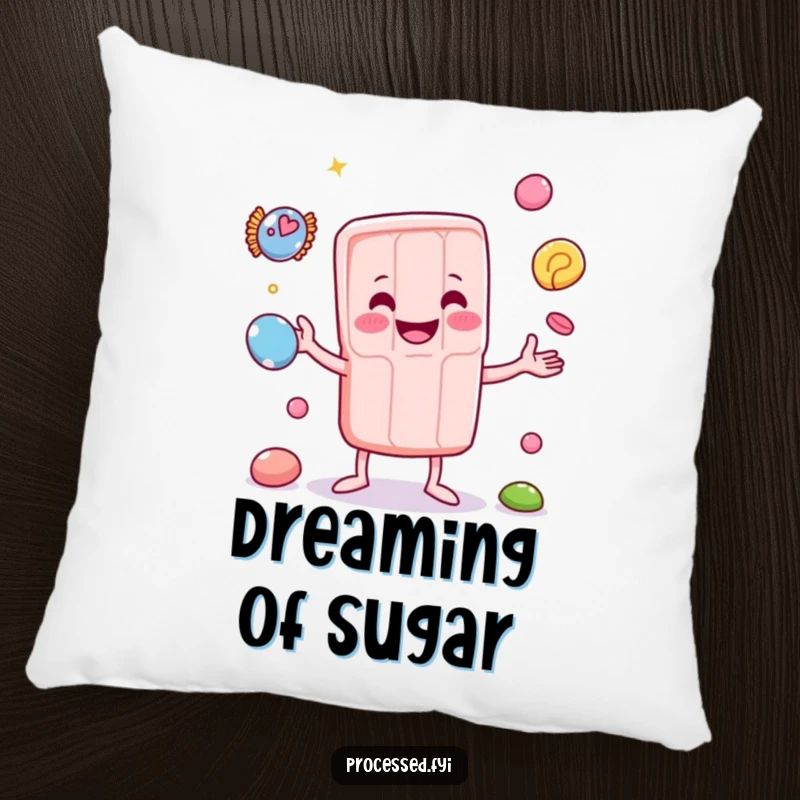 Funny pillow featuring a plush anthropomorphic candy bar juggling miniature sweets, offering comfort and sweet cheer.