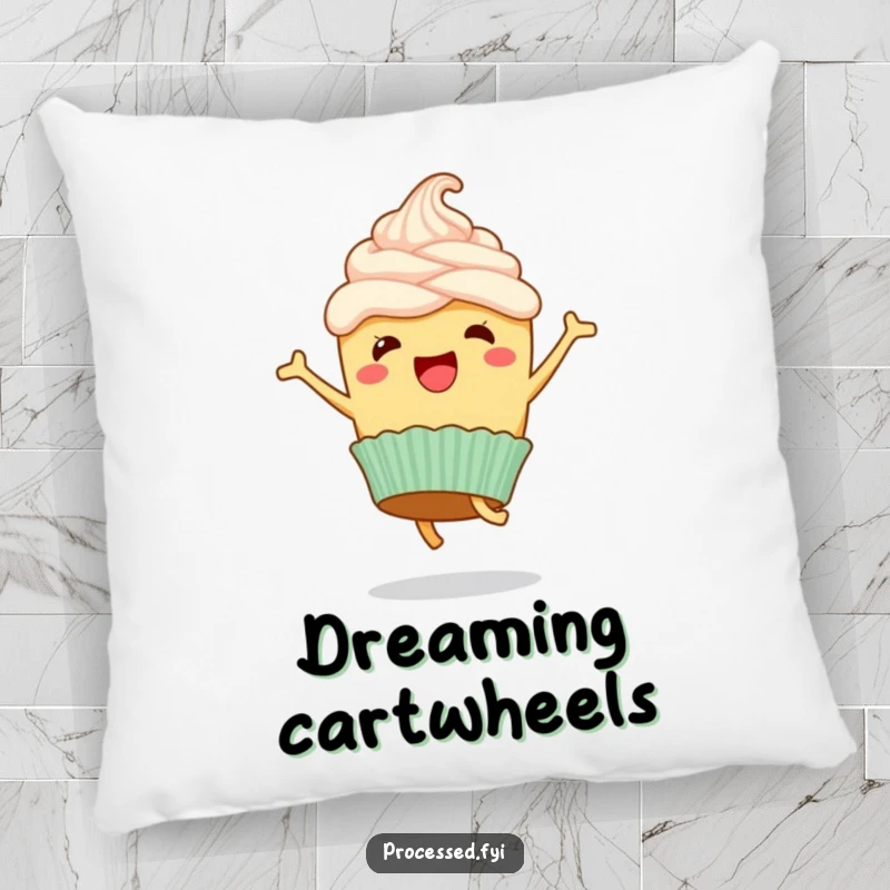 Funny pillow with a plush cupcake and frosting, depicted mid-cartwheel with pure, energetic, sweet delight.