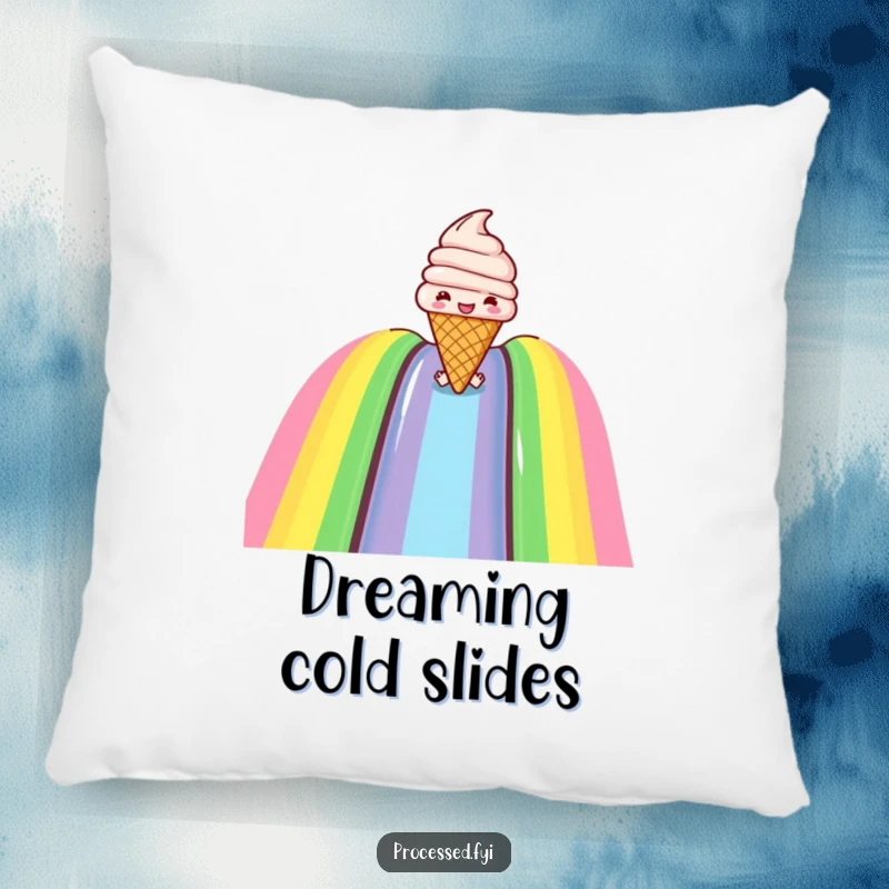 Funny pillow featuring a joyful ice cream cone sliding down a rainbow, offering soft comfort and sweet, humorous appeal.