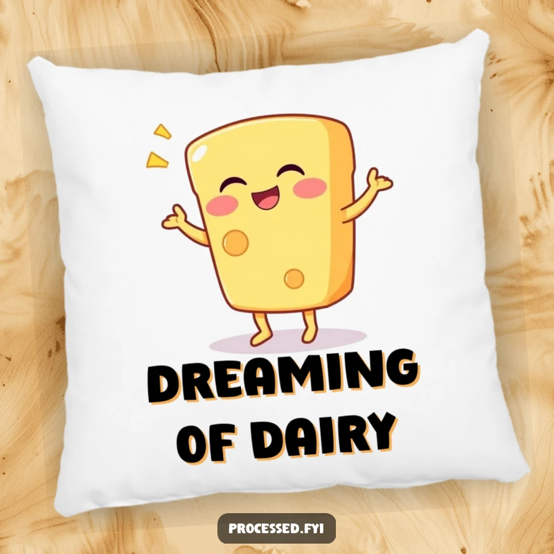Funny pillow featuring a happy anthropomorphic cheese wedge doing a silly dance, providing comfort and a touch of cheesy joy.