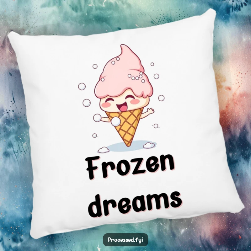Funny ice cream cone character with scoops having a hilarious snowball fight, a plush and giggling decorative pillow.