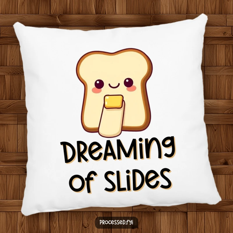 Funny pillow with a plush bread slice and butter, depicted mid-slide down a tiny, smooth butter slide.