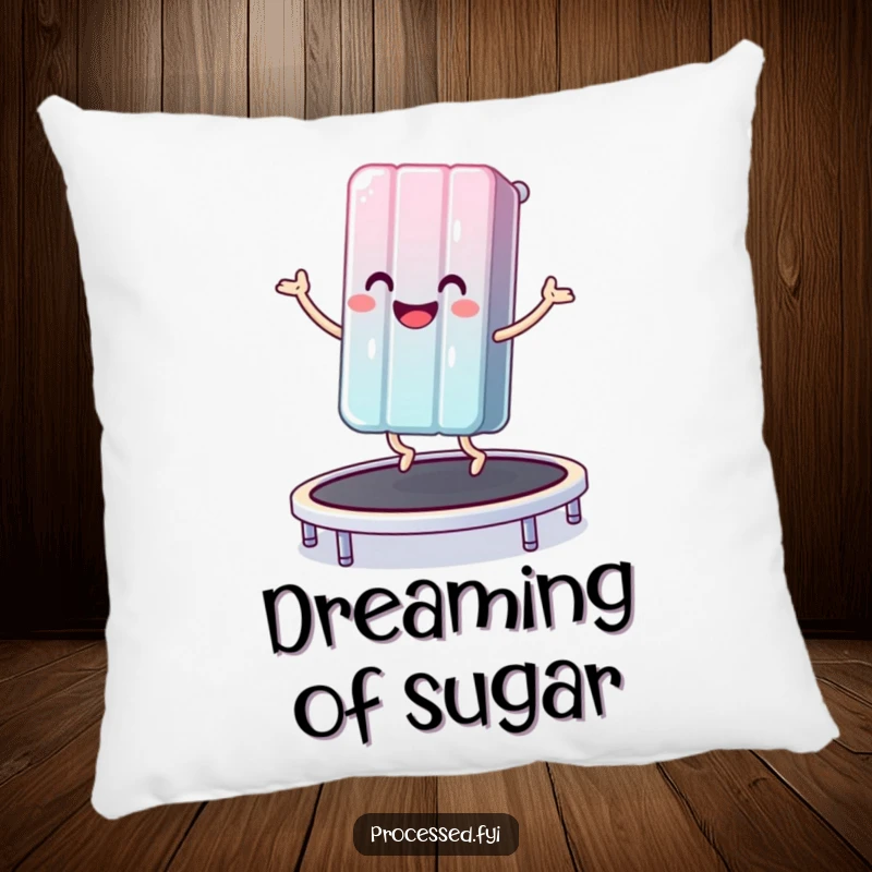 Funny pillow featuring a smiling anthropomorphic candy bar happily bouncing on a trampoline, providing comfort and a touch of sweetness.