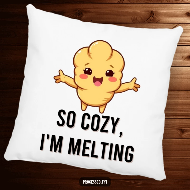 Funny croissant pillow featuring a beaming, anthropomorphic croissant with arms outstretched, offering a soft, huggable piece of cartoon pastry comfort.