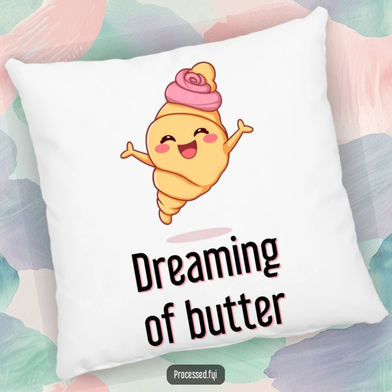 Funny croissant pillow design showing a happy pastry with swirls leaping with unbridled delight, perfect for soft cheer.