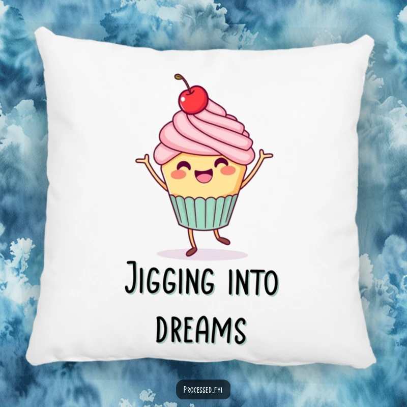 Funny Cupcake Jig Pillow: A cheerful cupcake with a cherry on top doing a celebratory dance, offering soft comfort.