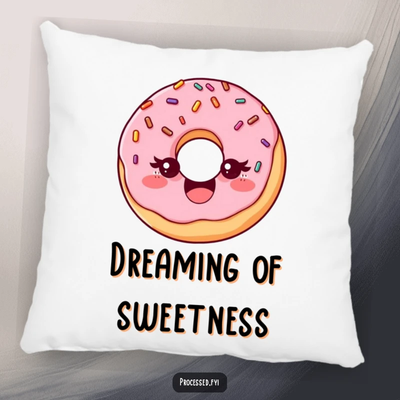 Funny throw pillow with a delighted donut with sprinkles, playfully winking, offering comfort and a dose of sweet, humorous charm.