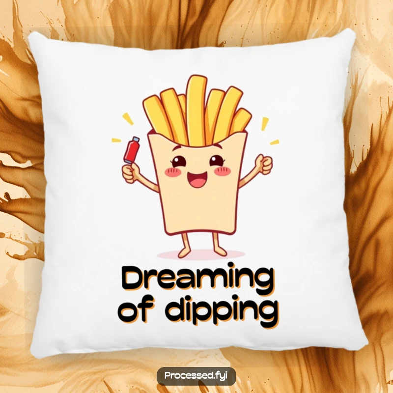 Funny pillow featuring a cheerful french fry juggling ketchup bottles, providing comfort and a humorous food theme.