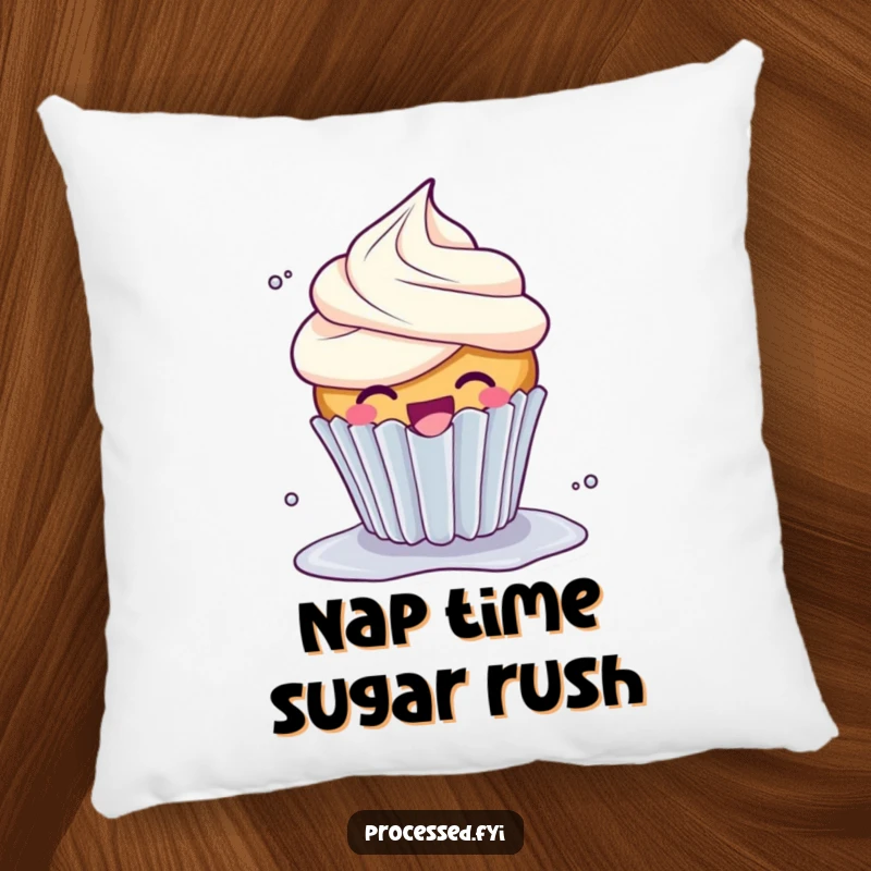 Funny Giggle Cupcake Pillow: A joyful, giggling cupcake with overflowing frosting, spinning around playfully.