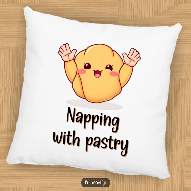 Funny pillow with a happy, waving croissant, bringing soft comfort and cheerful breakfast vibes.