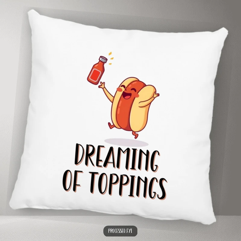 Funny hot dog pillow design of a dancing wiener in a bun tossing a ketchup bottle, perfect for soft, comical comfort.