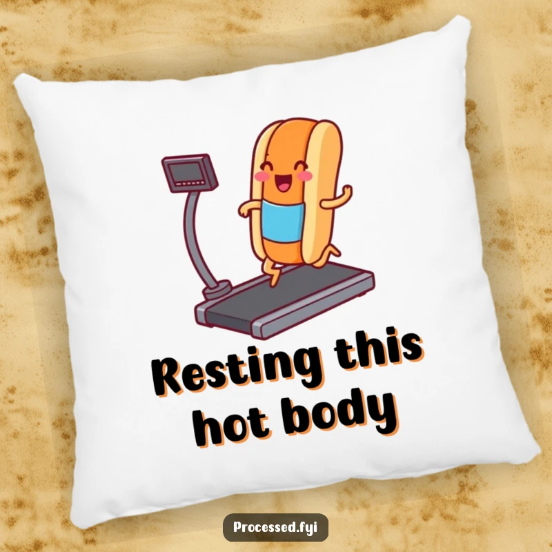 Funny pillow with a happy hot dog character jogging on a treadmill, a soft and humorous decorative item for any couch or bed.