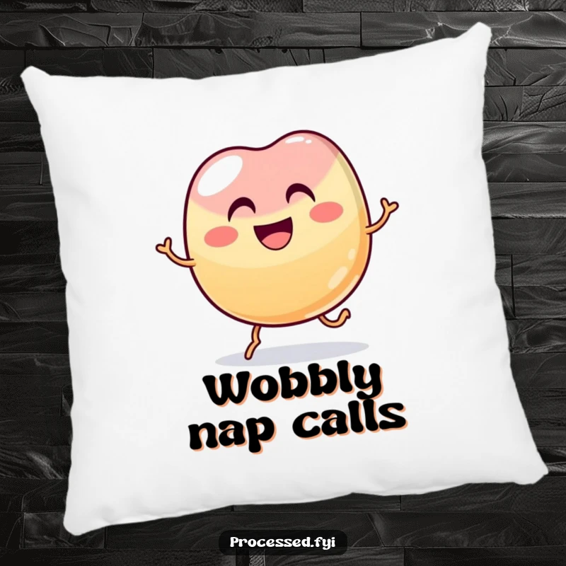 Funny wobbly jelly bean with a wide grin hopping joyfully, a humorous and soft pillow for comfort.