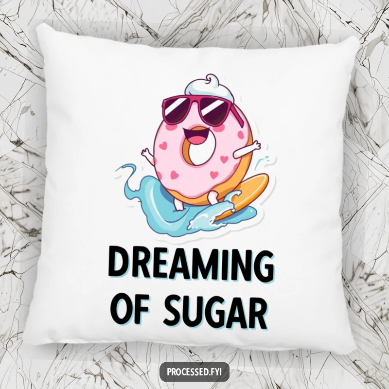 Funny pillow with a cartoon donut wearing sunglasses, surfing a frosting wave, soft and decorative.