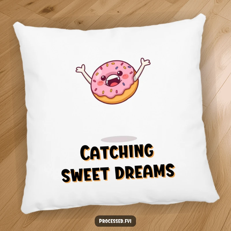 Funny pillow showcasing a jubilant donut with sprinkles leaping high, offering plush comfort and a touch of playful, sweet spirit.