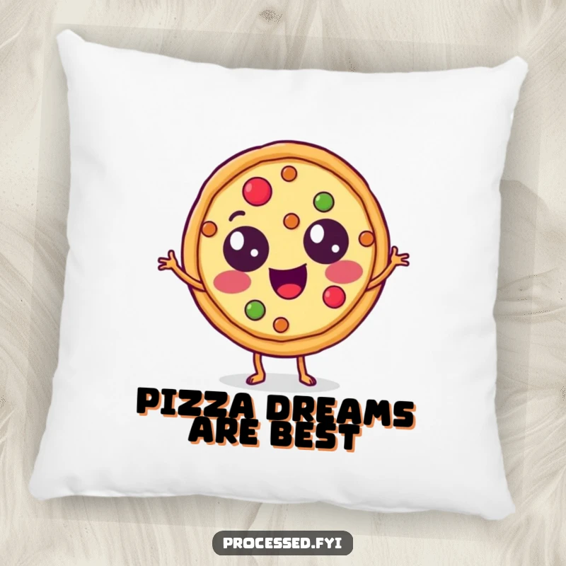 Funny Pillow featuring a happy pizza slice with topping eyes doing a jig, offering comfort and a slice of cheesy humor.