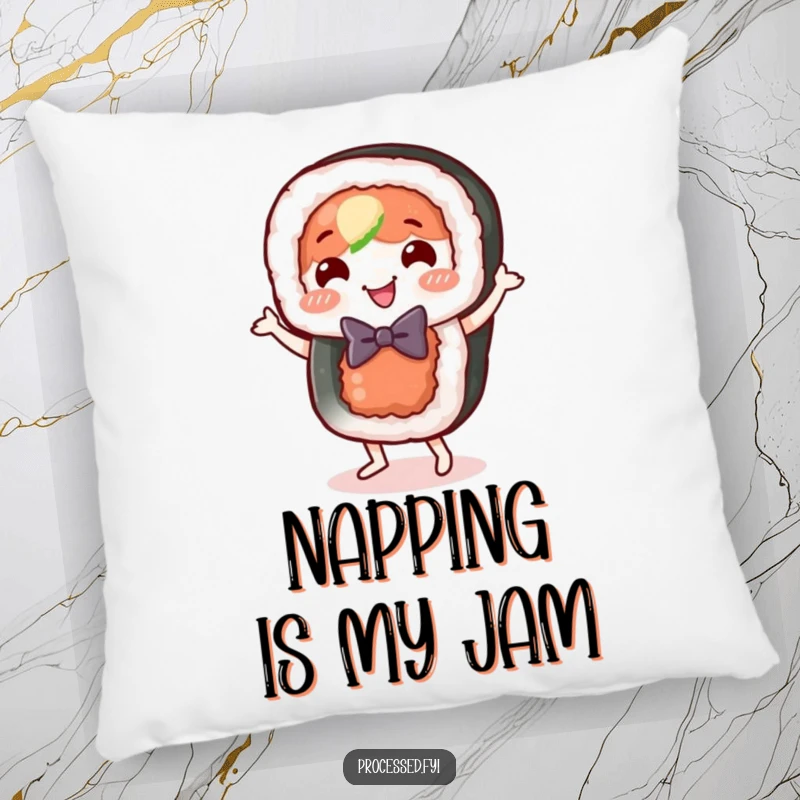 Funny sushi roll pillow, a happy food character in a bow tie, doing a joyful little dance.