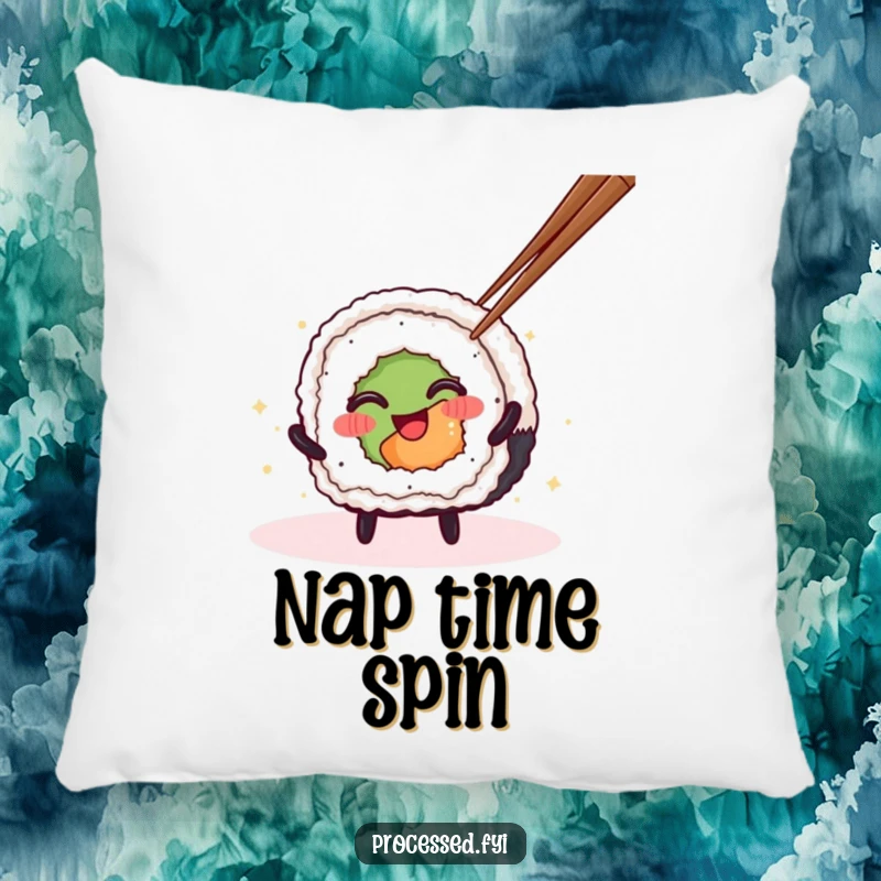 Funny Sushi Roll Pillow with a happy spinning character, offering comfort and a humorous decorative touch for sofas and beds.